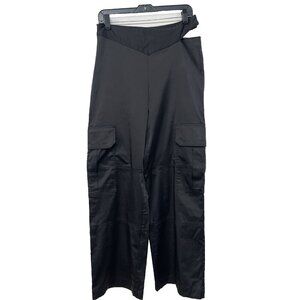 Zara Women's Black Satin Effect Cargo Pants Wide Leg Size Sm Flat Front Side Zip